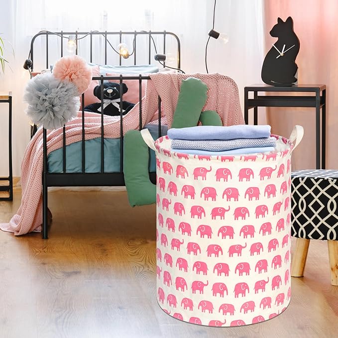 KUNRO Round Laundry Gift Basket Storage Hamper, Kids Toys and Clothes Storage Organizer Bins, Toy Shelf Basket with Handles for Room Decor (Pink Elephant)