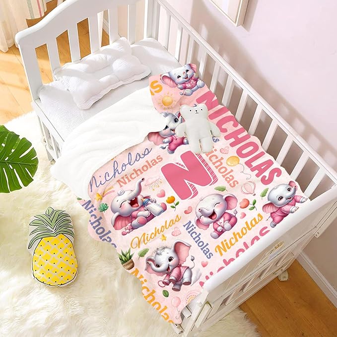 Personalized Custom Pink Elephant Preschool Blanket Gifts for Baby Toddler Kids Boys Girls - Customized Pink Elephant Soft Lightweight Flannel Sheets Decor for Crib Nap Couch - 30"x40" for Baby/Pets