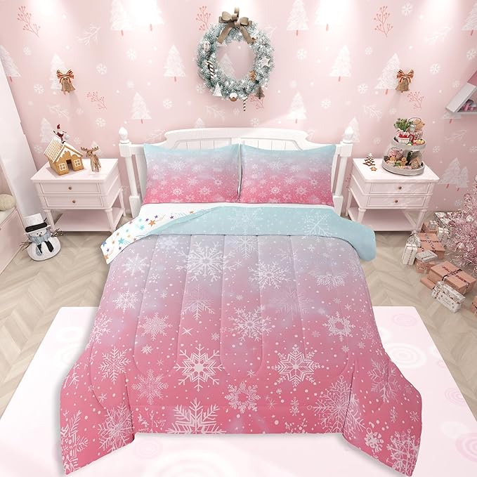 Feelyou Christmas Comforter Set Queen Size Winter Snowflake Bedding Set for Kids Boys Girls Blue Pink Gradient Duvet Quilt Bedroom Decor Microfiber 3 Pcs with 2 Pillow Cases