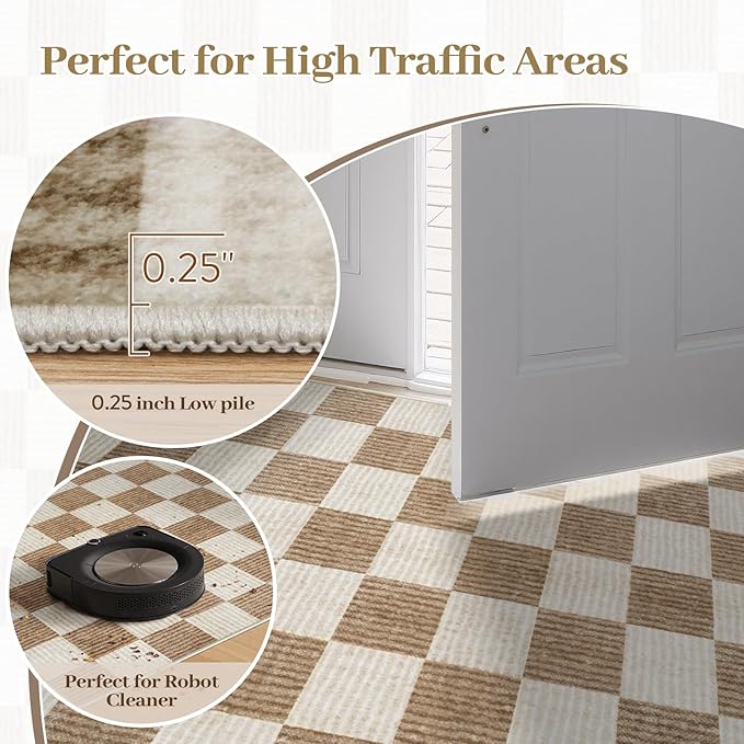 LIVEBOX Checkered Round Rug 6 Ft Washable Area Rug for Playroom, Kids Non-Slip Neutral Classic Circle Rug Geometric Large Carpet Soft Boys Rug for Classroom Dorm Bedroom(Brown,180R)