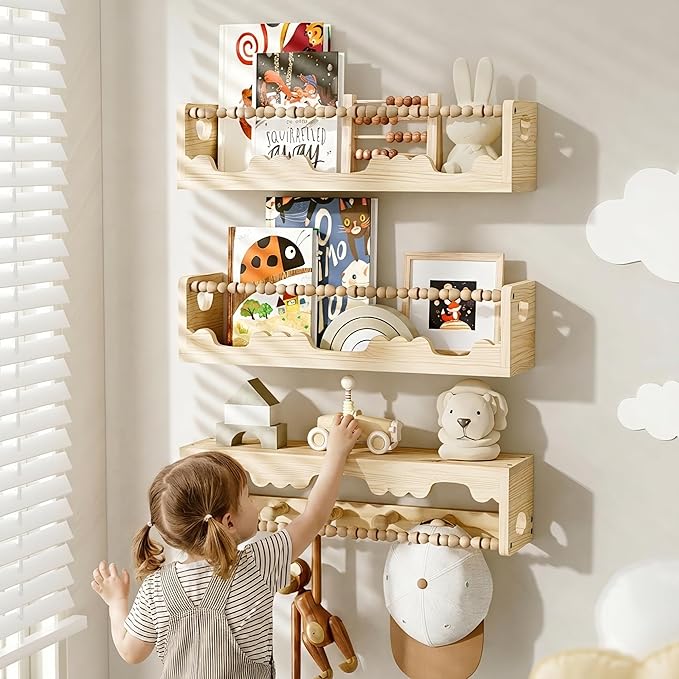Nursery Floating Shelves for Wall,3-Pack Scalloped Wall-Mounted Nursery Book Shelves,Hanging Shelves for Bedroom,Living Room,Bathroom,Kitchen and Home Decor