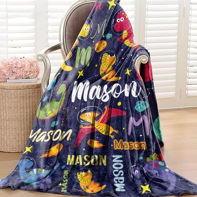 Personalized Dinosaur Blanket for Boys, Custom Name Blanket for Kids Dino Outspace, Soft Flannel Dinosaur Toddler Blanket Customized Gift for Birthday Christmas Baby Shower, Newborn Gift 60" X 80"