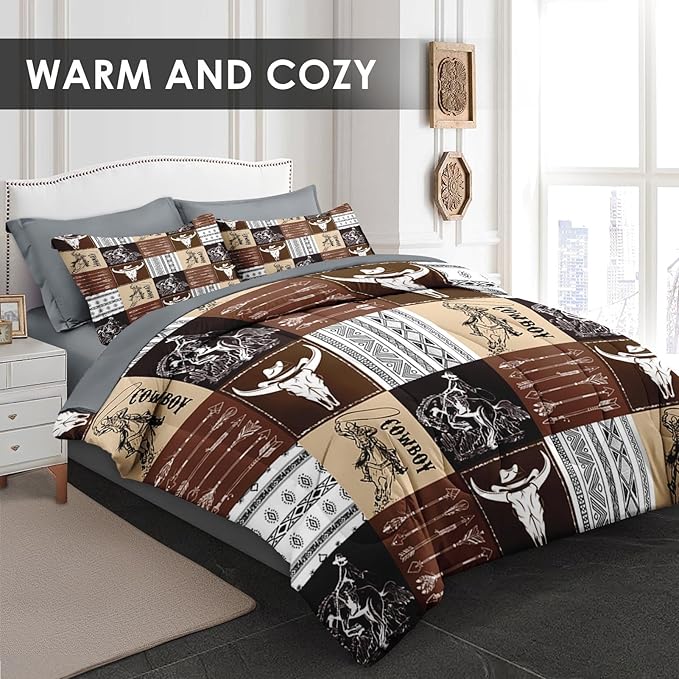 7 Pcs King Size Comforter Set with 2 Pillowcases & 2 Shams, Cowboy Vintage Brown Bedding for Kids and Adults, Western Bed in a Bag with Flat Fitted Sheet