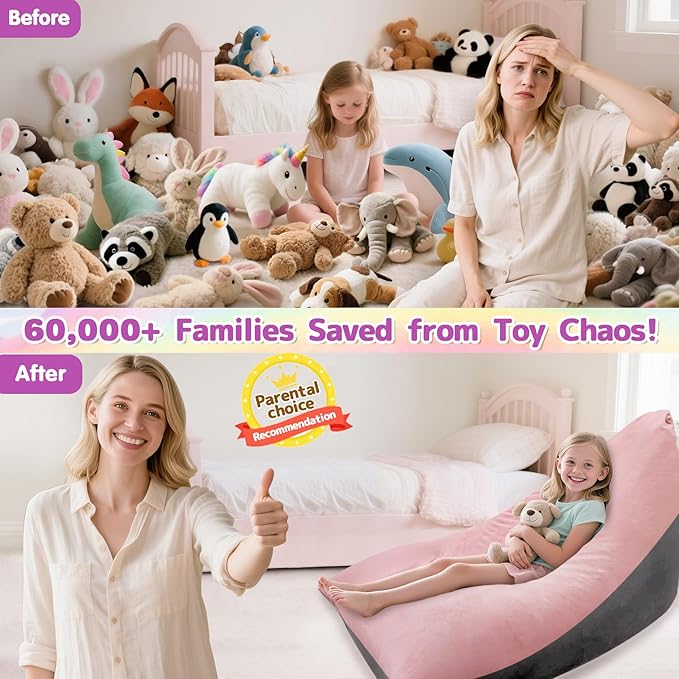 Stuffed Animal Storage Bean Bag Chair for Kids and Adults, Luxury Velvet Stuffed Animal Storage, Stuffie Seat - COVER ONLY(Pink & Dark Grey 200 L/52 Gal)
