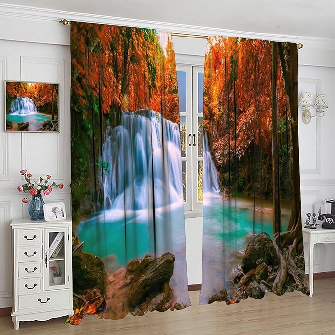 Autumn Forest Waterfall Blackout Curtains, Fall Leaves Trees Jungle Country Nature Landscape Window Drapes, for Bedroom Living Room 63" W X 63" L