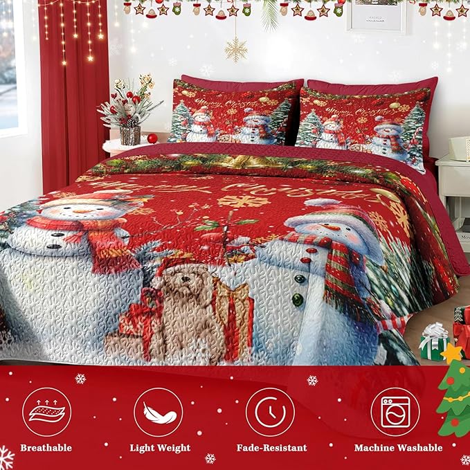 Christmas King Size Quilt Set, Dark Red Xmas Snowman Lightweight Bedspread Coverlet with Pillow Shams for Kids and Adults, Winter Snowflake Pine Tree 3 Pcs Bedding Bed Cover