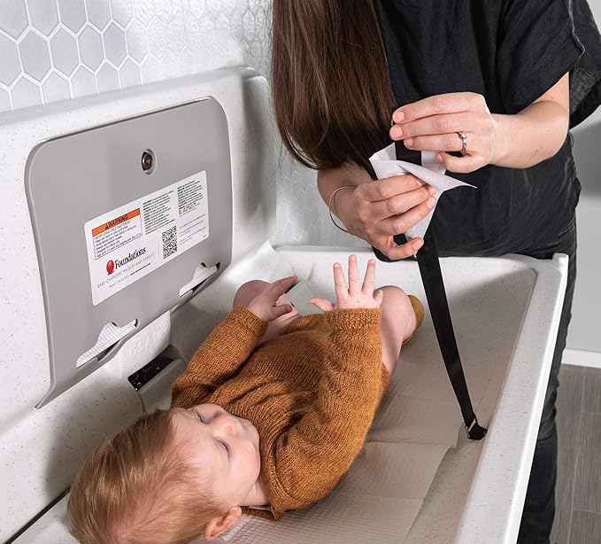 Foundations Ultra Horizontal Wall Mounted Baby Diaper Changing Station, Oversized Changing Surface, Plastic with Stainless Steel Hinge - White Granite (200-EH-03)