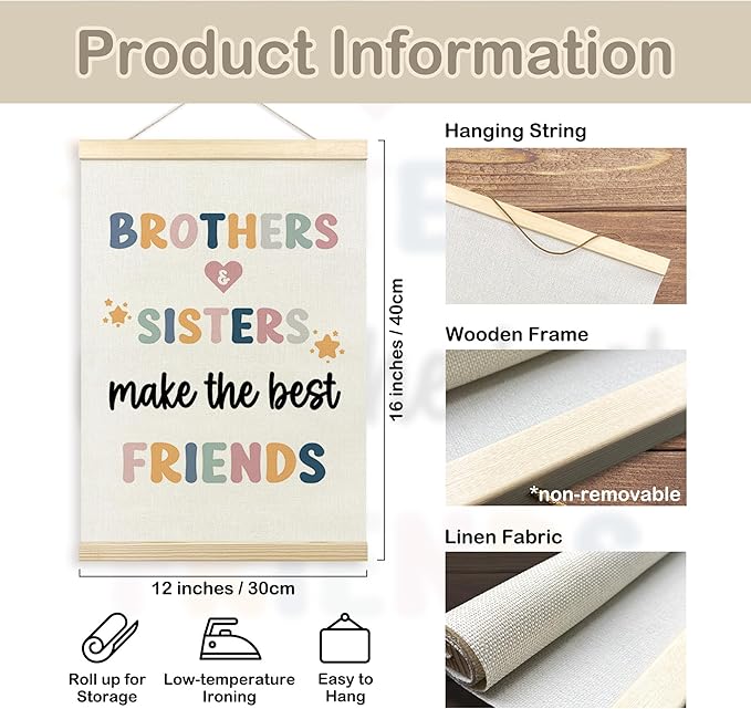 TLESKE Kids Room Playroom Poster Hanger Frame, Brothers Sisters Make the Best Friends Hanging Wall Art Decor for Kids Bedroom Nursery Playroom, Baby Room Wall Prints Picture Artwork Banner, 12x16