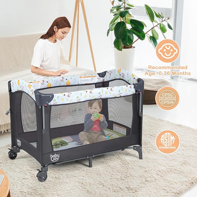 BABY JOY 4 in 1 Pack and Play, Baby Bedside Sleeper with Bassinet, 3 Adjustable Heights, Music Box, Easy to Install, Foldable Bedside Crib w/Changing Table, Playards from Newborn to Toddlers
