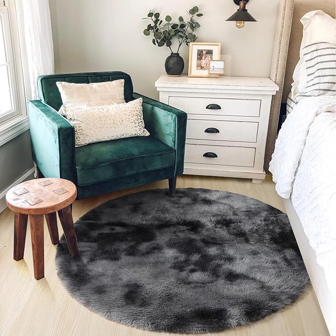 Amdrebio Tie-Dyed Dark Grey Round Rugs for Living Room, 8x8 Rug, Extra Large Circle Area Rug for Bedroom, Big Shag Fluffy Plush Carpet for Mens Home, Modern Cool Circular Rug, Soft Cozy Thick Rugs