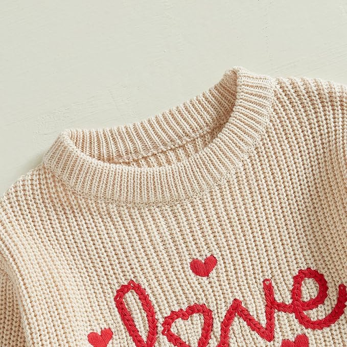 Lesimsam Newborn Baby Boy Girl Valentines Day Outfit Oversized Embroidery Long Sleeve Knit Sweater Bubble Romper Bodysuit