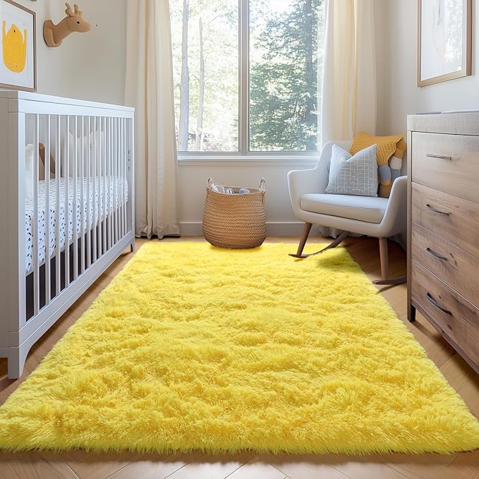 ONASAR Yellow Area Rugs for Bedroom Living Room, Washable Fluffy 4x6 Indoor Bedside Floor Throw Rug, Soft Plush Shaggy Carpet for Nursery Kids Girls Boys Teen Dorm Home Office Decor Aesthetic