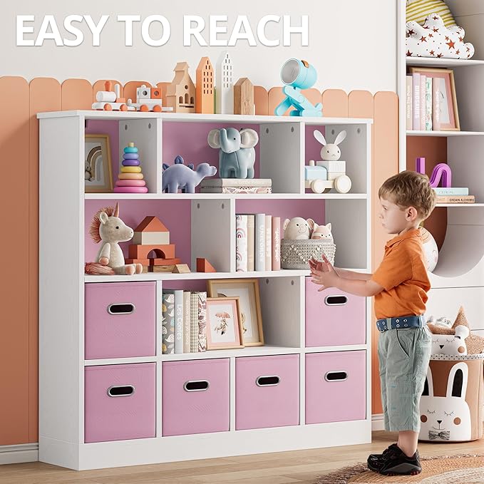 IRONCK Toy Storage Organizer with 6 Bins, Wooden 4-Tier Floor Standing Open Bookshelf Storage Cubby, 12-Cube Storage Shelf Bookcase, Kids Bookshelf and Toy Storage, Pink