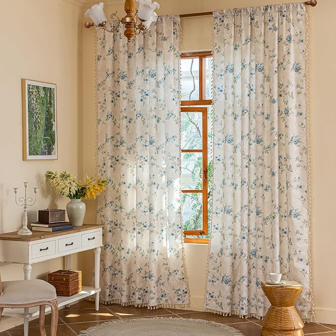 ENJOYBRIDAL Blue Floral Curtains 96 Inches Bedroom Cute Drapes Rod Pocket Boho Semi Sheer Long Window Curtain Panels Rustic Living Room Farmhouse 2 Panels Vintage Window Treatments