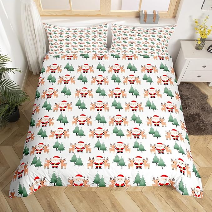 Feelyou Christmas Duvet Cover Cartoon Santa Claus Bedding Set for Kids Boys Girls Teens Room Decor Cute Deer Christmas Tree Comforter Cover Set Xmas Theme Bedspread Cover 2Pcs Zipper Twin Size