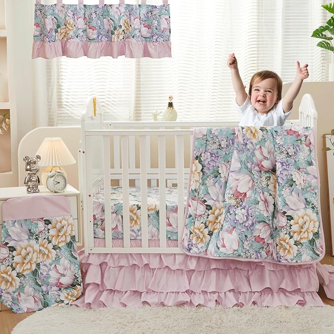 Brandream Crib Bed Skirt Dust Ruffle Triple Layer 100% Egyptian Cotton Sateen Silky Pink Purple Ruffled Baby Girls Nursery Bedding