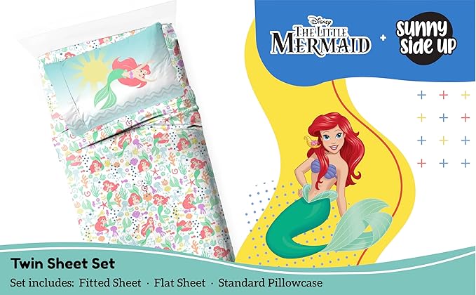 Sunny Side Up Disney The Little Mermaid Twin Sheet Set - 3 Piece Kids Bedding Set Includes Pillow Cover - Super Soft Ariel Microfiber Sheets