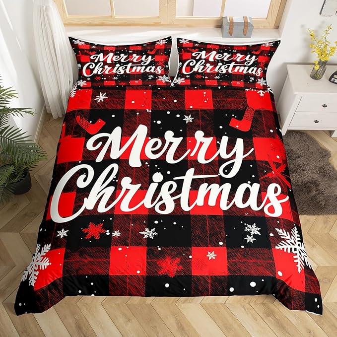 Red Black Plaid Duvet Cover Set Twin Size Merry Christmas Bedding Set 2pcs for Kids Boys Teens Western New Year Theme Comforter Cover White Snowflake Print Quilt Cover with 1 Pillowcase,No Comforter