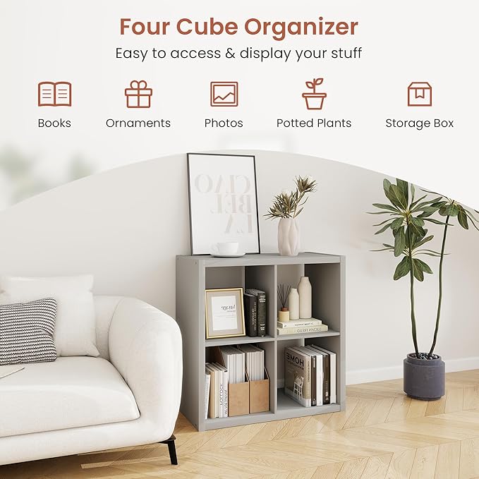 Wood 4 Cube Organizer Shelf, 14.6" x 30" x 30" Square Storage Cubes with 4 Storage Spaces, 2 x 2 Shelf Organizer for Bedroom, Living Room, Playroom, Light Gray