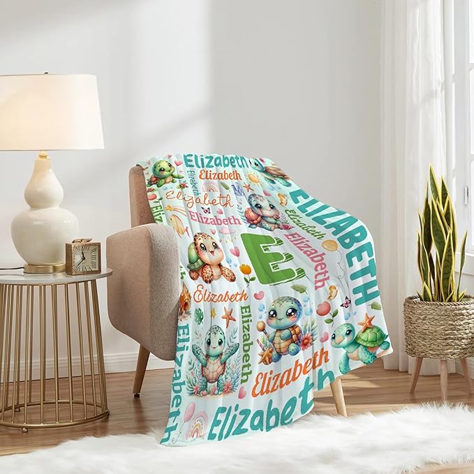 Personalized Custom Cute Turtle Blanket Gifts for Kids Boys Girls with Name - Customized Cute Turtle Super Soft Lightweight Flannel Sheets Decor for Crib Nap Couch - 90"x120" for Whole Family