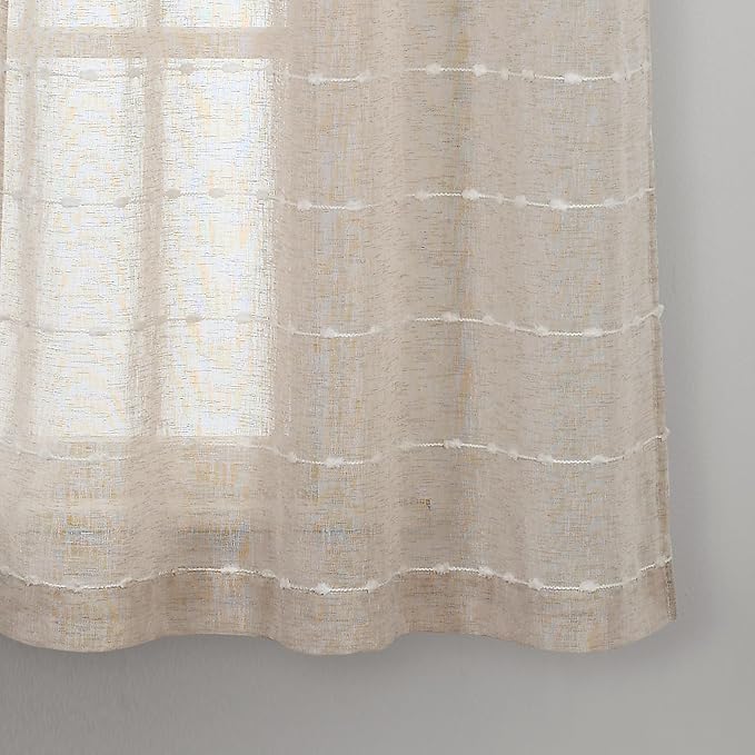 Lush Decor Farmhouse Textured Grommet Sheer Window Curtain Panel Pair, 38"W x 63"L, Beige