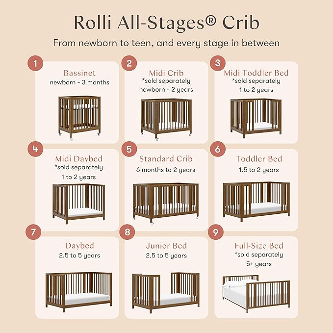 babyletto Rolli Convertible All-Stages® Bassinet and Full-Size Crib in Natural Walnut, Greenguard Gold Certified, FSC Certified, Portable & Adjustable with Conversion Kits and Pads Included