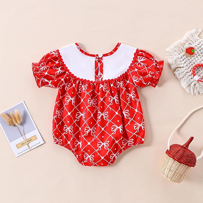 Newborn Baby Girl Romper Mamas Mini Bow Plaid Print Puff Sleeve Smocked Bubble Romper Jumpsuit Bodysuit Clothes