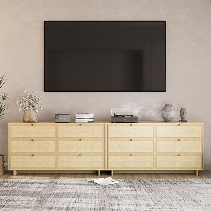 6 Drawer Dresser for Bedroom, 57in Wide Rattan Dresser, Boho Chest of Drawers, Wooden Chest with Clothes Storage Cabinet, Drawer Organizer for Bedroom, Living Room, Hallway, Natural Oak