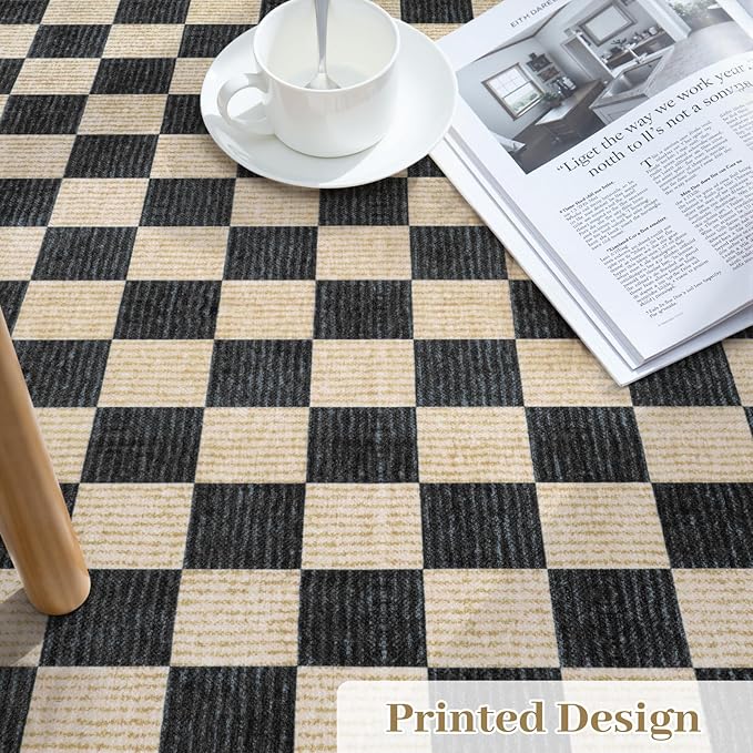 LIVEBOX 4x6 Washable Area Rug Checkered, Non-Slip Small Entryway Rug Black Farmhouse Neutral Classic Geometric Boys Rug for Bedroom Living Room Low-Pile Carpet for Indoor Kitchen Bathroom(Black 4'x6')