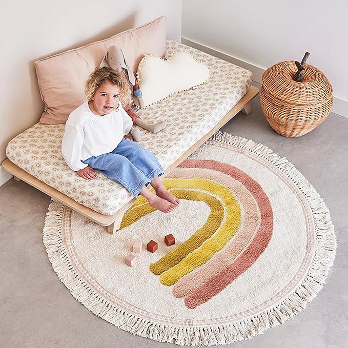Rainbow Tassels Soft Area Rug for Girls Kids Room Washable Artificial Wool Bedroom Living Room, Kid Round Carpet Rainbow Pattern, Non-Slip Indoor Floor Carpet Home Decor, 4 Feet