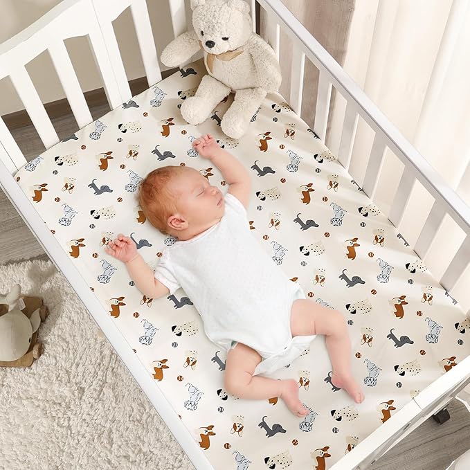 PHF 3 Pack Soft Mini Crib Sheets, Pet Dogs Pack N Play Sheets for Baby Boys Girls, No Slip Universal Fit for Pack N Play, Playard, Portable and Mini Crib Mattresses, Pet Dogs