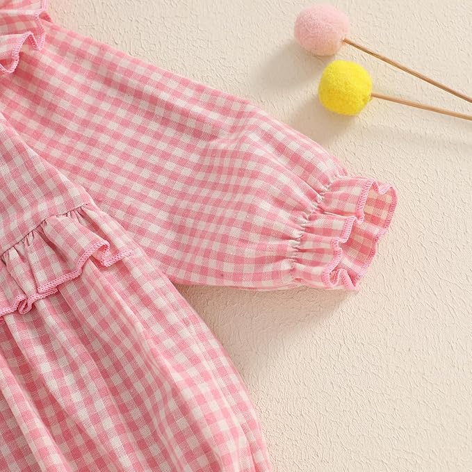 Karuedoo Newborn Baby Girl Clothes Gingham Plaid Bubble Romper Long Sleeve Ruffle Bodysuit with Headband Spring Fall Outfit