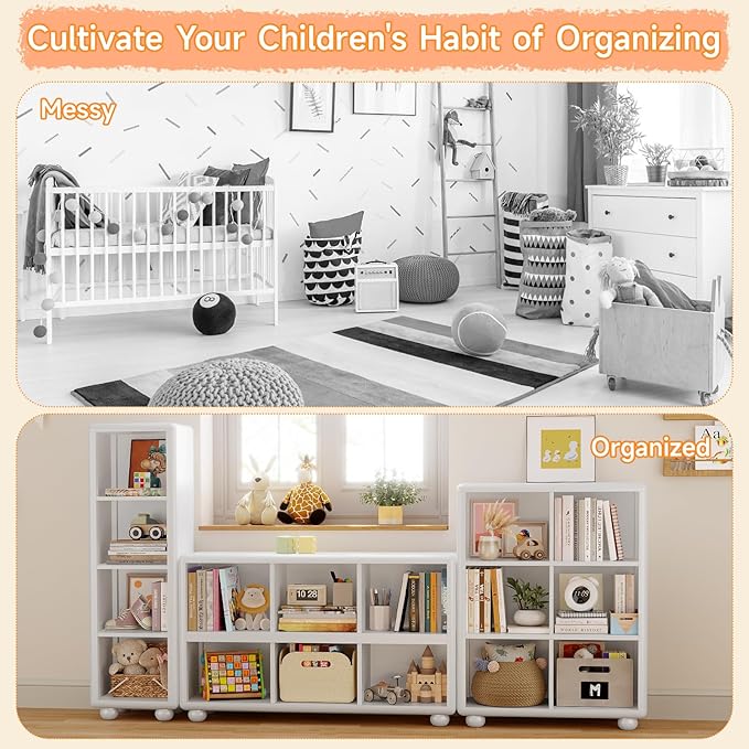 Kids Bookshelf, Large Wooden Bookcase with 6 Cube Storage, Girl Toy Storage Organizer Cabinet with Child Safe Paint&Thick Board, Boy Tall Book Shelves Nook for Office Playroom Living Room (White)