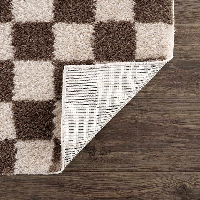 Hauteloom Canika Modern Checkered High Pile Runner Rug - Contemporary Geometric Carpet for Hallway, Kitchen - Machine Washable Area Rug - Peach, Dark Brown - 2'7" x 7'3"