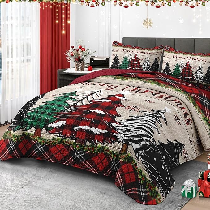 Christmas Full/Queen Size Quilt Set, Black Red Plaid Lightweight Bedspread Coverlet with Pillow Shams for Kids and Adults, Retro Colorful Pine Tree 3 Pcs Bedding Bed Cover