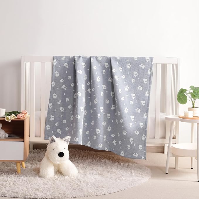 NTBAY 3 Layer Muslin Cotton Toddler Blanket, Jacquard Reversible Nursery Bed Blanket, Super Soft and Thermal for All Seasons, Decoration Gift, 30"x40", Blue Elephant
