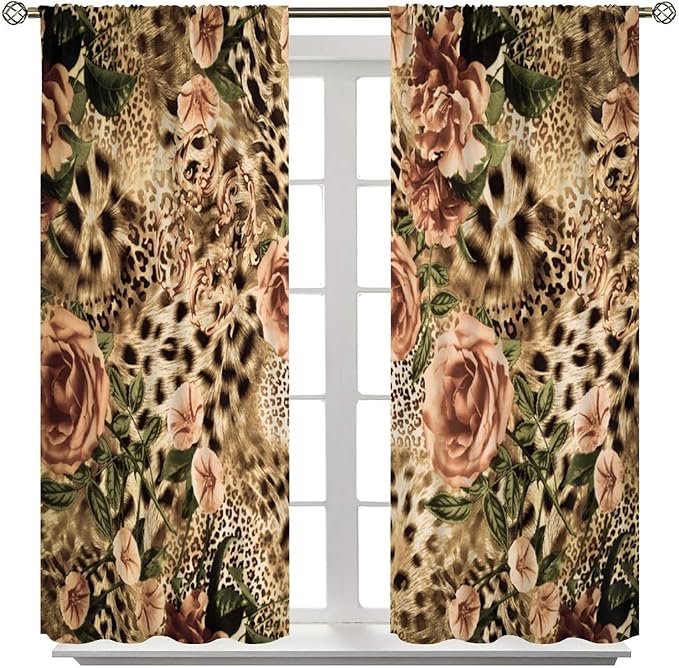 Leopard Floral Blackout Curtains, Cute Boho Floral Cheetah Animal Pattern Safari Natural Theme Window Treatments for Bedroom Living Room 42" W X 63" L