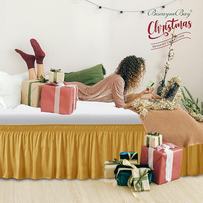 Biscaynebay Wrap Around Bed Skirts for King & Cal King Beds 17" Long Drop, Gold Adjustable Elastic Dust Ruffles Easy Fit Wrinkle Resistant Silky Luxurious Fabric Machine Washable