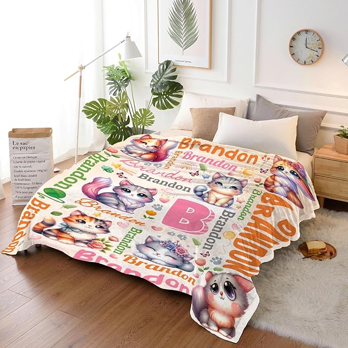 Personalized Custom Cat Blanket Gifts for Kids Boys Girls with Name - Customized Cat Super Soft Lightweight Flannel Sheets Decor for Crib Nap Couch - 90"x120" for Whole Family