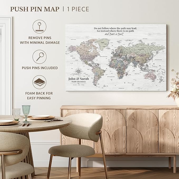ElephantStock - Personalized Leave A Trail Iii Push Pin World Map Wall Art - Horizontal Canvas Wall Art - Living Room Wall Decor - Digital Art Map Canvas Art - White And Gray Decor - 45" x 30"