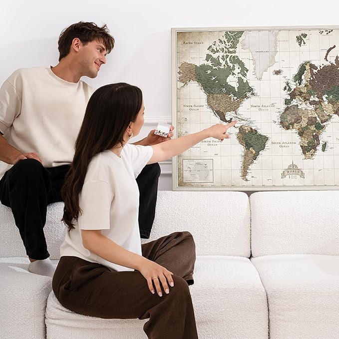 Canvas World Map with Cork Pin Board - English Lettering - Decorative Wall Decoration for All Rooms - Canvas Pictures with World Map Motif (150x100 cm, Pattern 24)
