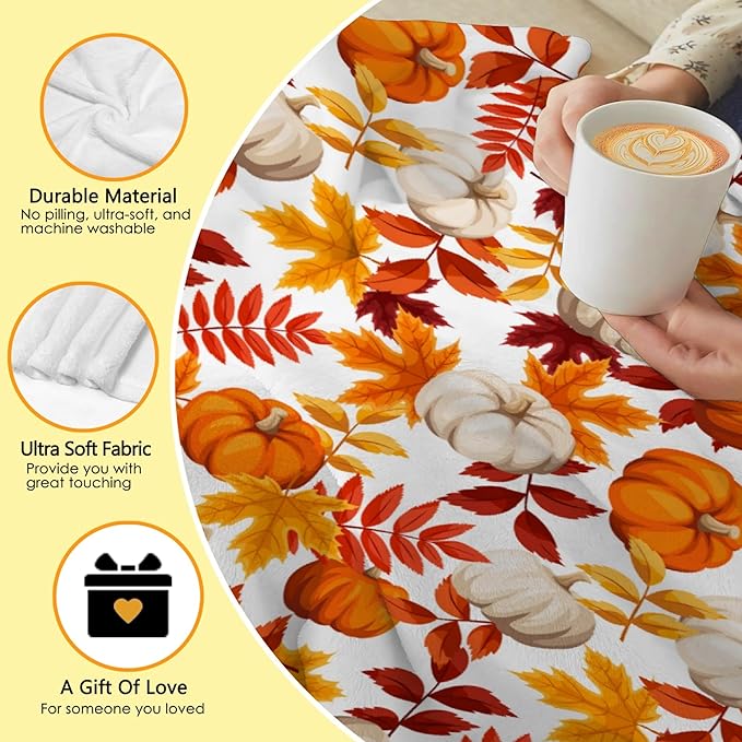 Fall Throw Blanket - Pumpkin Maple Leaf Autumn Blanket - Thanksgiving Fall Decor Gift - Ultra Plush Cozy Lightweight Thanksgiving Pumpkin Blanket for Sofa,Bed,Couch - 60"x80"-Adults/Twin Size