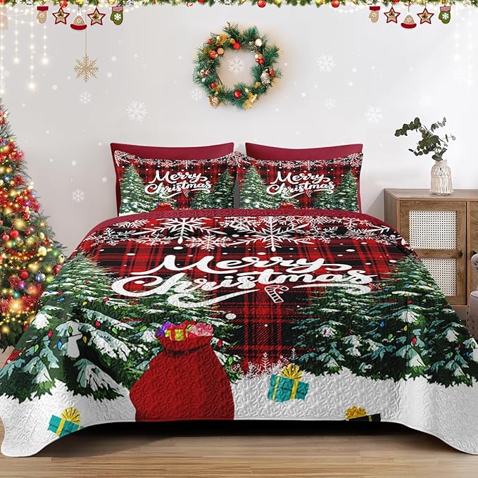 Christmas King Size Quilt Set, Green Cartoon Trees Lightweight Bedspread Coverlet with Pillow Shams for Kids and Adults, Black Red Plaid 3 Pcs Bedding Bed Cover
