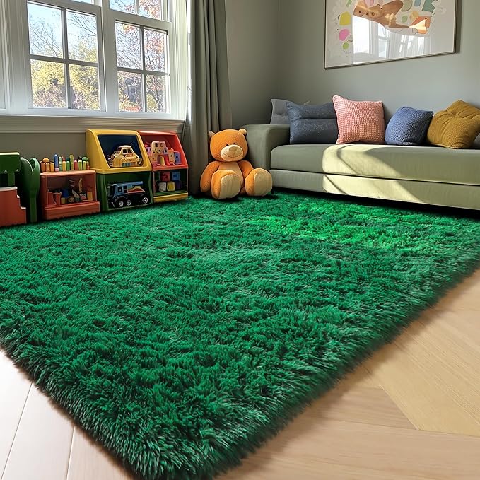 ONASAR Dark Green Area Rugs for Bedroom Living Room, 4x6 Rug, Fluffy Soft Plush Shaggy Bedside Throw Rug, Washable Indoor Floor Carpets for Nursery Kids Girls Boys Teen Dorm Playroom Home Decor