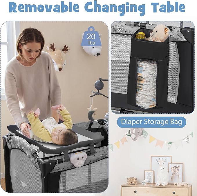 HONEY JOY Pack and Play, 4 in 1 Portable Baby Playard with Bassinet, Changing Table, Lockable Wheels, Music Box, Foldable Travel Baby Crib Nursery Center from Newborn to Toddler (Dark)