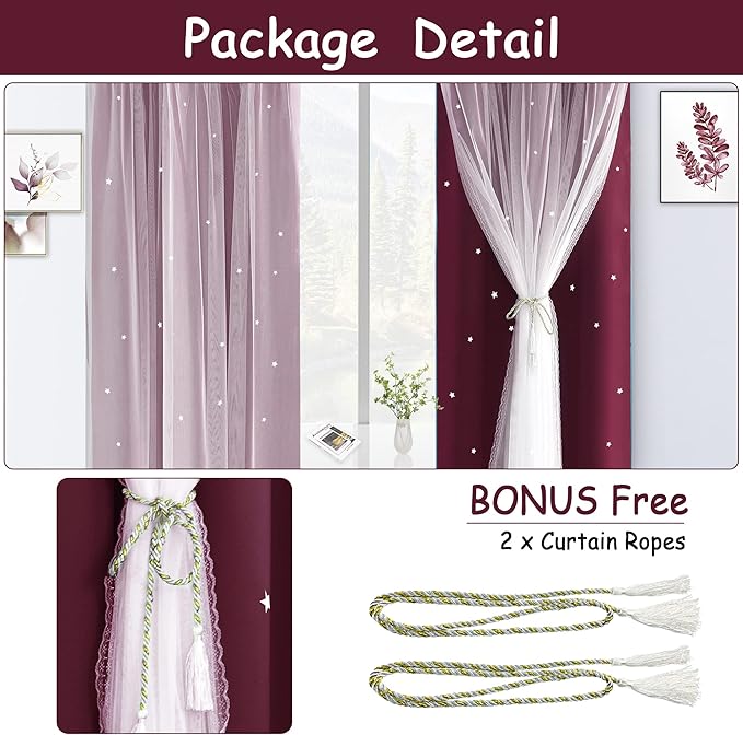 Kinryb Kids Blackout Curtains for Bedroom/Living Room/Classroom, Sheer Overlay 2 Free Tiebacks, Double Layer Curtains with Star Cutout for Kids Room(Each Piece W 70 x L 72 Inches 2 Pcs Red)