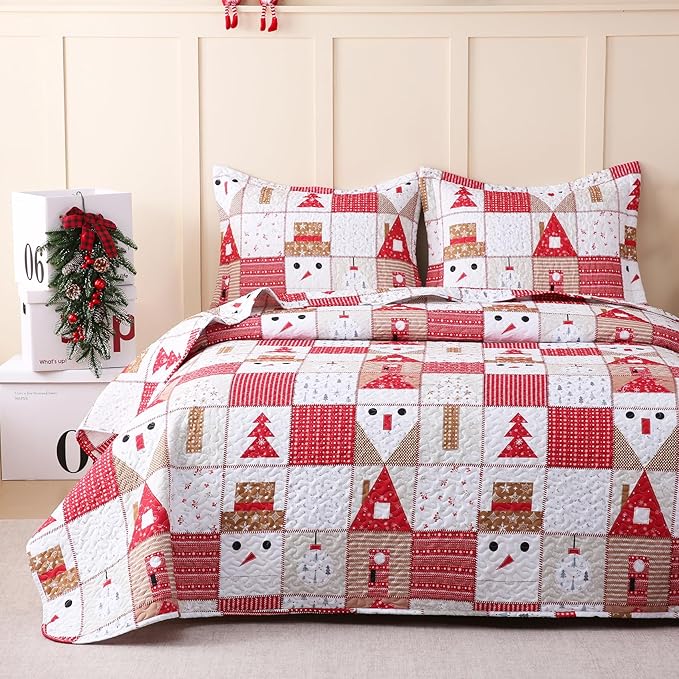 JSD 2 Pcs Kids Christmas Quilt Set Twin Size, Patchwork Christmas Bedding, Soft Microfiber Bedspread Coverlet Holiday Quilted Blanket