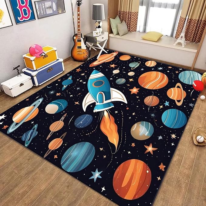 5x6ft Large Space Themed Area Rug - Cartoon Space Solar System Planets Area Rugs, Soft Non-Slip, Machine Washable Polyester Mats, Perfect for Kids Room, Playroom and Nursery, Space Room Decor