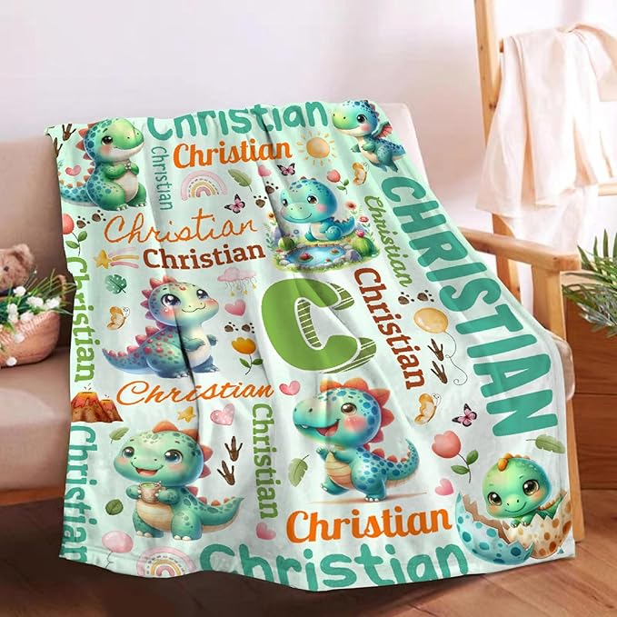 Personalized Custom Green Dinosaur Preschool Blanket Gifts for Baby Toddler Kids Boys Girls - Customized Green Dinosaur Super Soft Flannel Sheets Decor for Crib Nap Couch - 40"x50" for Kids/Children
