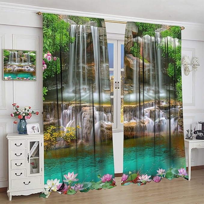 Waterfall Blackout Window Curtains, Rocky Waterfall to Pond Running Off Scenic Nature Themed Picture Print Window Drapes, for Living Room Bedroom 63x72in 2 Panels
